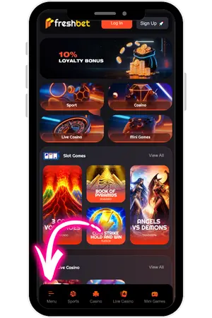 Freshbet app navigation menu on mobile screen
