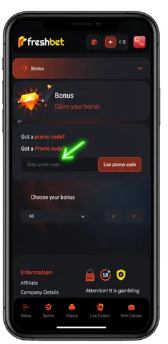 Add a code Freshbet