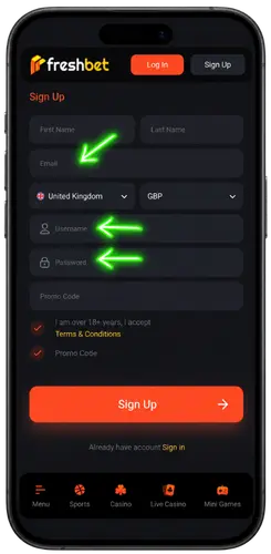 Enter your details Freshbet