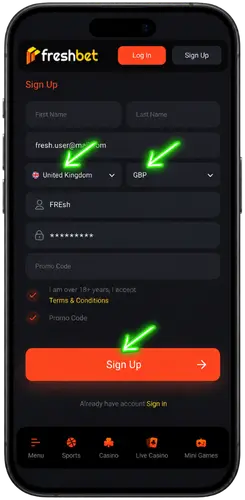 Сountry and currency Freshbet